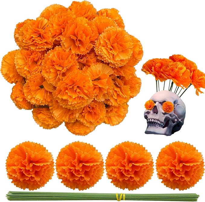 Marigold Flower Heads 50Pcs, Mexican Marigold Artificial Flowers for Day of The Dead Diwali Home DIY Garland Craft Wedding Mexican Party Decoration Halloween Dia De Los Muertos Decor(Orange) - skull wreath