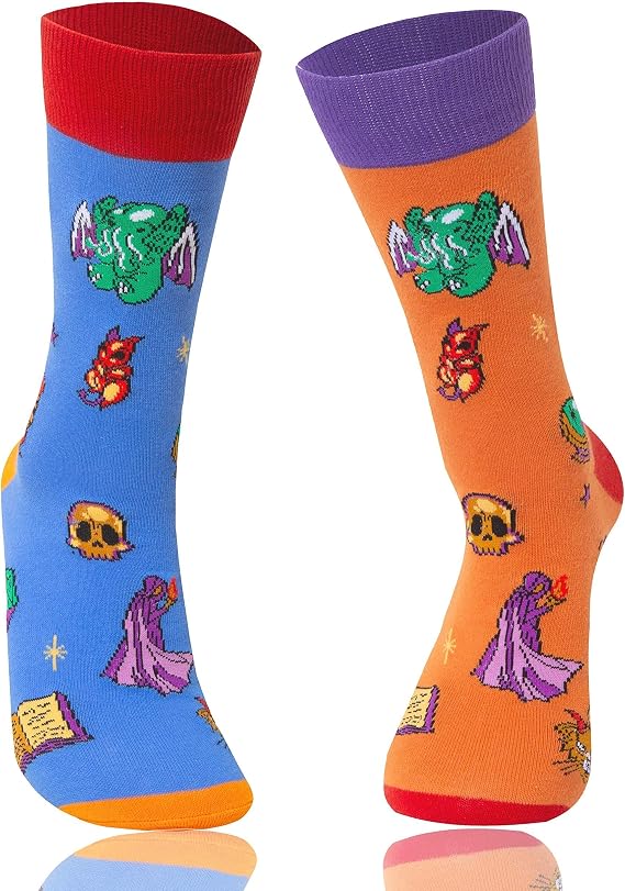 Fantasydice 2 Pairs DND Fantasy Novelty Crew Socks, Mythical Creatures & Animal Folk, US 8-12 (EU 41-45) - sugar skull costume
