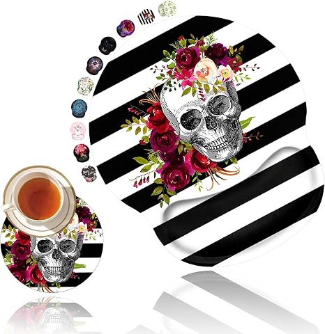 Ergonomic Mouse Pad with Gel Wrist Rest Support, Non Slip PU Base Mouse Pad Wrist Rest for Computer, Laptop, Home Office Gaming, Working, Easy Typing & Pain Relief Skull Flower + Cup Coaster - skull coaster