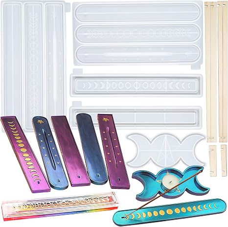 Moon Phase Incense Holder Epoxy Resin Silicone Molds Set Triple Goddess Candle Tray, Ash Catcher, Storage Box 5-Count Around 10inch Long - skull ashtray