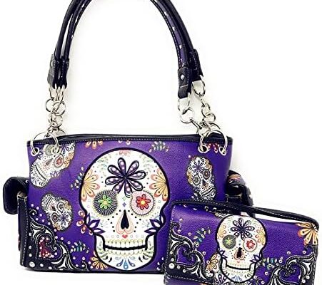 Texas West Women’s Embroidered Flora Sugar Skull Purse Handbag and Clutch Wallet set in 4 colors