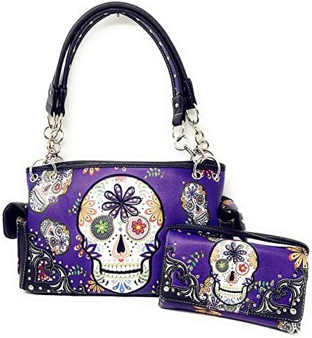 Texas West Women's Embroidered Flora Sugar Skull Purse Handbag and Clutch Wallet set in 4 colors - sugar skull handbags for sale