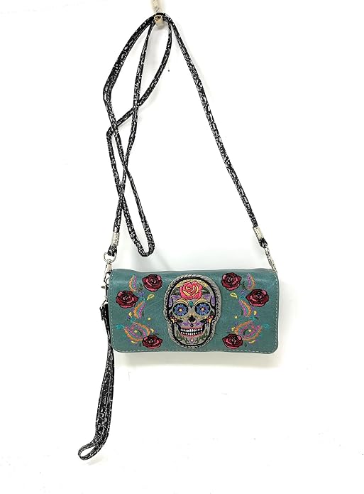 Texas West Women's Embroidered Flora Sugar Skull Purse Handbag and Clutch Wallet set in 4 colors - sugar skull handbags for sale