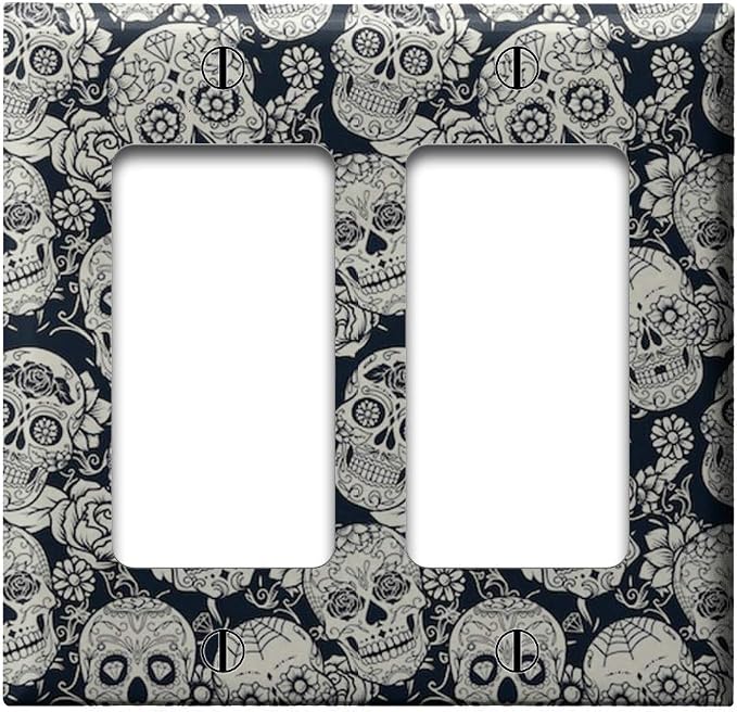 Double 2 Gang Rocker (Decora/GFCI Device) Decorative Switch Wall Plate Cover (Day Dead Sugar Skull Floral Pattern) - skull plate