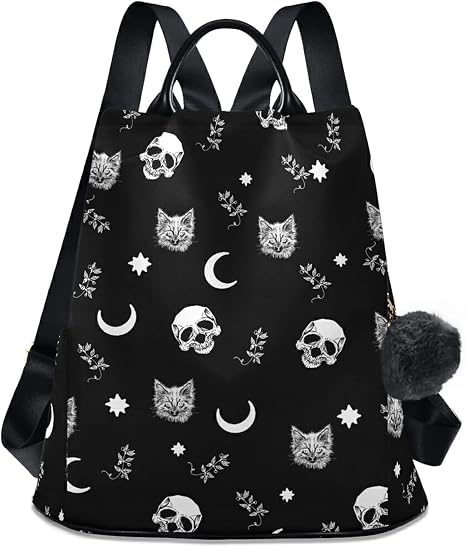 Skull Cat Moon Gothic Backpack Purse for Women Nylon Anti-theft Travel Backpack - skull backpack