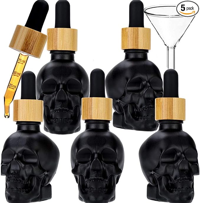 HUIZHU 5PCS 1oz Skull Glass Dropper Bottles Refillable Bottles liquid bottling Dispensing bottle with Eye Dropper Pipettes for Essential Oils/Beauty Oil Mix, Aromatherapy Blends (30ml x 5pcs) - skull bottle