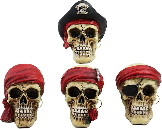 Ebros Nautical Macabre Pirate Captain Marauders Skull Mini Figurines Pack 3.5"High Caribbean Sea Ossuary Skeletons Craniums Halloween Buccaneer Pirates Wearing Red Bandana Crossbones Hat Earrings (4) - skull figurine