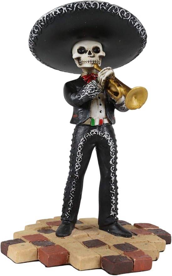 Ebros Traditional Charro Outfit Black Mariachi Band Musical Instrument Player Skeleton Figurine Day of The Dead Folk Musician Dias De Los Muertos Collectible (Trumpet Player) - skull figurine