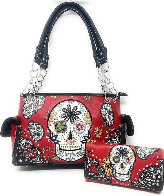 Texas West Women’s Embroidered Metal Skull Purse Handbag and Wallet set in 7 colors