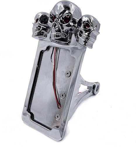 Chrome Side Mount License Plate Frame w/SKULL LED Brake Tail Light Compatible with 7/8" or 1" Motorcycle [P/N: MT301-S-CD] - skull plate