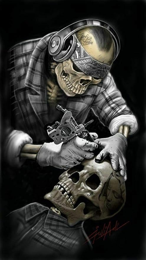 Eeypy Skeleton Tattooist Skull Tattoo Metal Tin Sign Poster Wall Plaque Vintage Bathroom Warn Man Cave Bar Kitchen Farm Yard Garden Garage Club Metal Tin Signs Wall Decor 8x12 Inch… - skull wall art