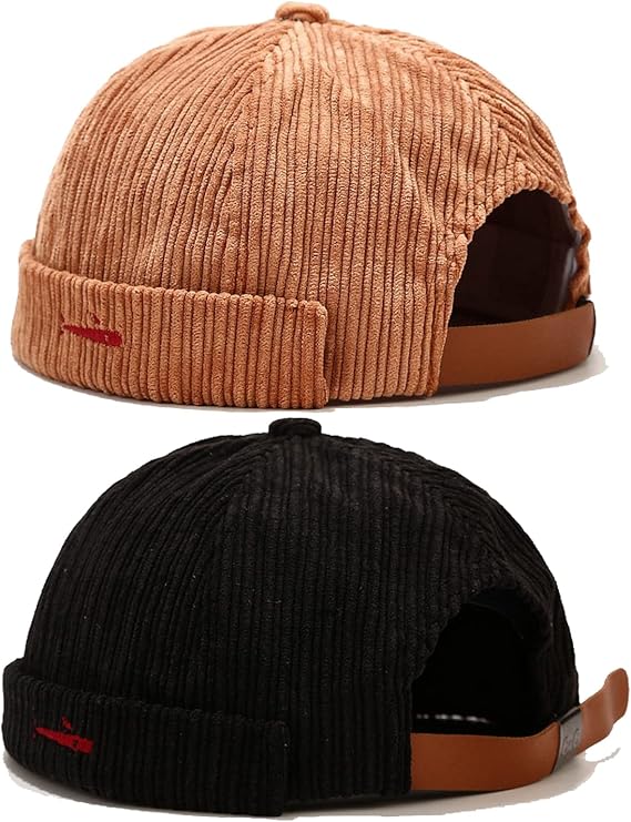 Mens Womens Fish Embroidery Corduroy Brimless Sailor Cap Rolled Cuff Retro Beanie Hat - skull watch