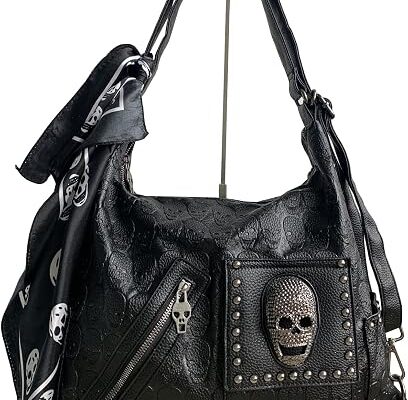 Downupdown Women Handbags Purse Shoulder Bags Skull Print Leather Hobo Bag Black Gothic Bag Ladies Satchel with Handkerchief