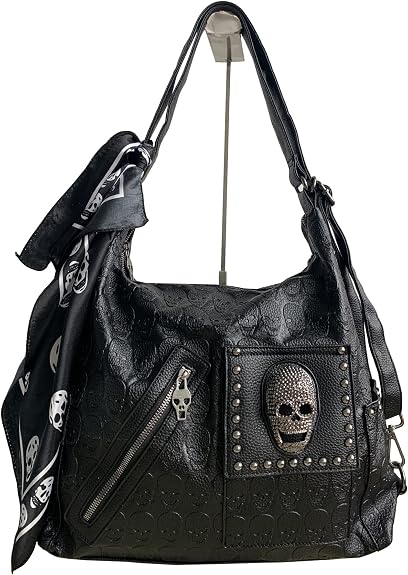 Downupdown Women Handbags Purse Shoulder Bags Skull Print Leather Hobo Bag Black Gothic Bag Ladies Satchel with Handkerchief