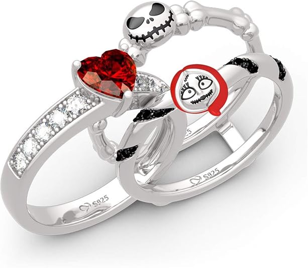 Jeulia "Skull Couple Heart Cut Sterling Silver Enhancer Ring Set for Women Wife Girlfriend Engagement Wedding Anniversary Valentin’s Day Birthday With Jewelry Box - skull ring