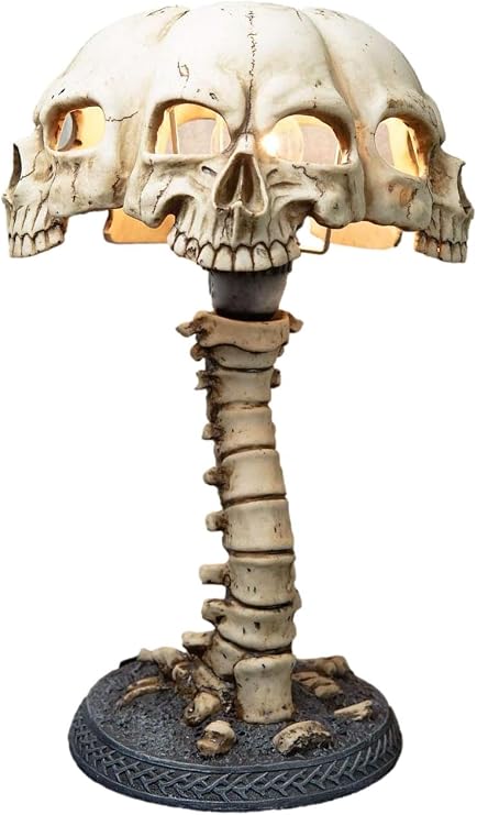 Ebros Gift Day of The Dead Evil Resurrection Boneyard Ossuary Skulls Canopy Shade with Bone Spine Stand Structure Side Table Lamp Sculpture Spooky Skeleton Graveyard Macabre Lighting Accent - skull lamp