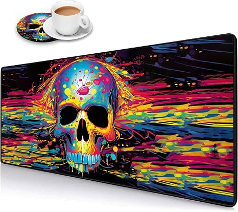 Desk Pad Mat Gaming Mouse Pads with Coasters Set, Stitched Edges Design Mouse Pad XXL Large Mouse Pad for Laptop Computers Color Skull Desk Writing Mat for Office & Home 31.5x 11.8 - skull coaster