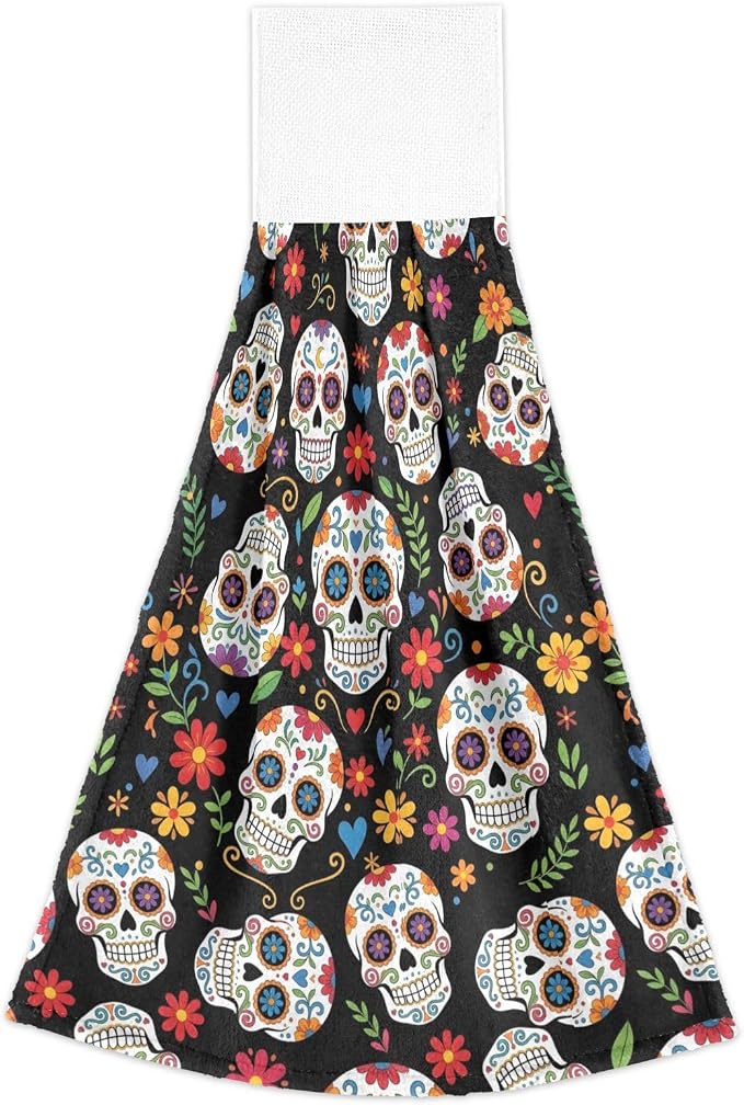 ALAZA Halloween Colorful Floral Sugar Skull Black Hanging Kitchen Hand Towels with Loop Super Absorbent Hand Towels Machine Washable 2 Piece Sets