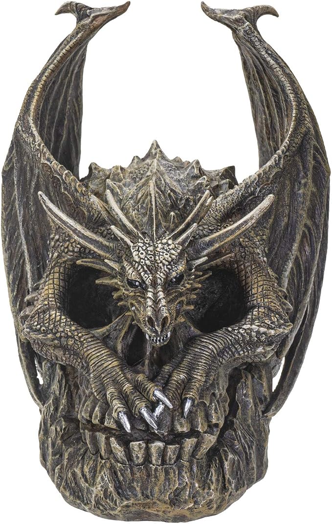 SUMMIT COLLECTION Spiral Dark Gothic Draco Dragon on Mutated Skull Figurine Fantasy Gothic Decorative Sculpture 7.5 Inches - skull figurine