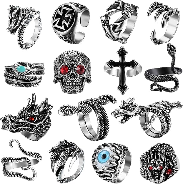 Jstyle 15Pcs Vintage Punk Rings for Men Women Stacked Open Rings