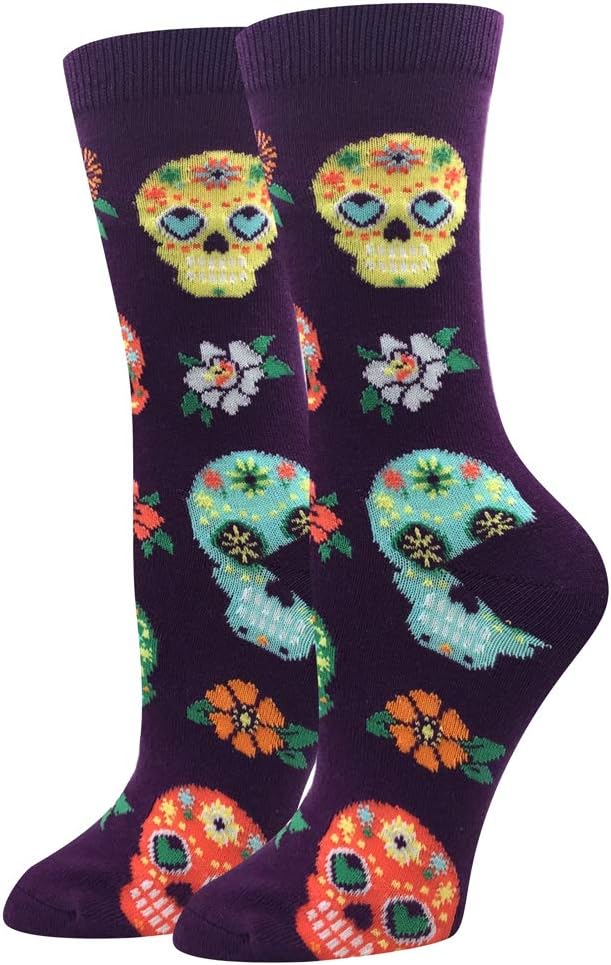 Sock Harbor Women's Crew Socks Calaveras Sugar Skulls, Purple, One Size Fits Most, 1 Pair - sugar skull costume