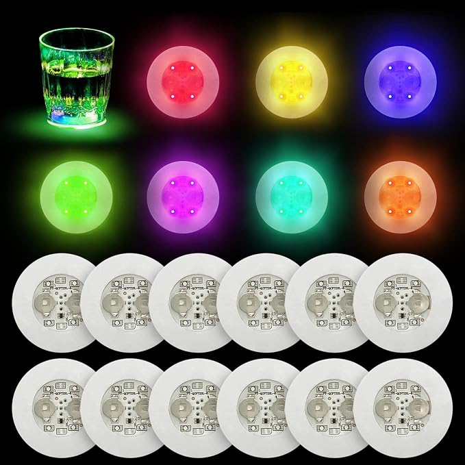 LED Coaster Discs,12 Pack Light Up Coasters,7Colors RGB LED Bottle Lights,Bottle Glorifier, LED Sticker Coaster Discs Light Up for Drinks, Flashing Shotb Light (Multicolor) - skull coaster