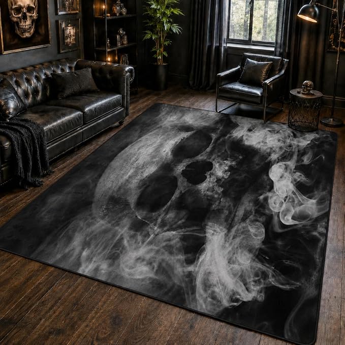 Smoke Sugar Skull Area Rug, 5'x7' Grey Black Rugs for Living Room, Bedroom - skull carpet