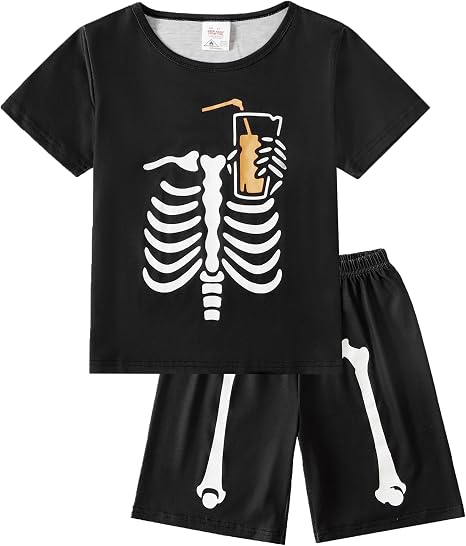 MyFav Boys Pajamas Sets Glow in Dark Summer Short Sleeve Sleepwear Skull Kids Pjs - skull pajamas