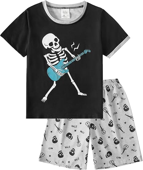 MyFav Boys Pajamas Sets Glow in Dark Summer Short Sleeve Sleepwear Skull Kids Pjs - skull pajamas
