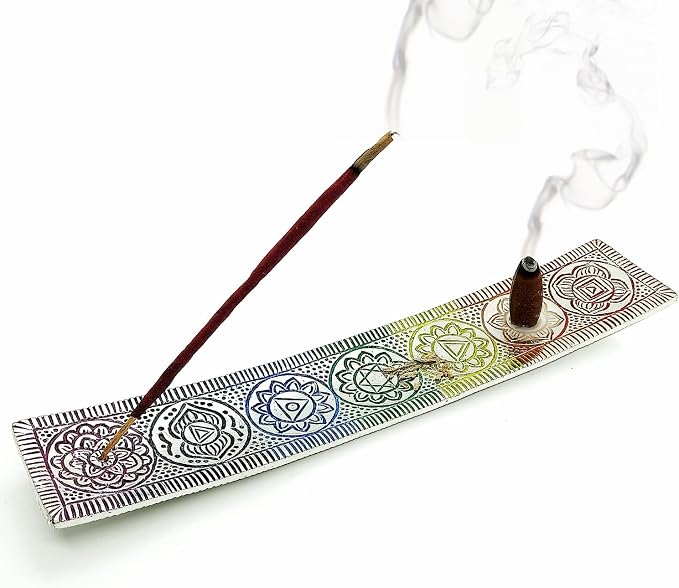Metal Incense Holder for Sticks and Cone - 7 Chakras, 10 Inch Incense Tray - skull incense burner