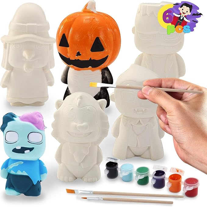 JOYIN Halloween Squishy Toys Coloring Craft Kit with 6 Different Characters, 6 Colors Paints, and 3 Paintbrushes, Art Craft Painting Kit DIY Set Halloween Party Games for Kids Activities Party Favors - skull painting