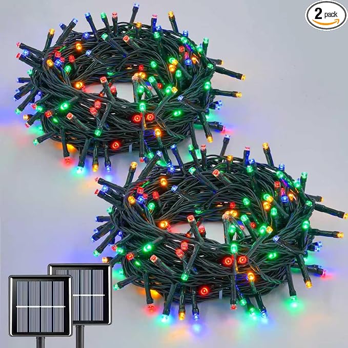 QITONG 2 Pack Multicolor Solar Christmas Lights, Each 33ft 100 LED String Lights Outdoor Waterproof, 8 Modes Green Wire Colored Solar Light for Outside Christmas Decorations - string light