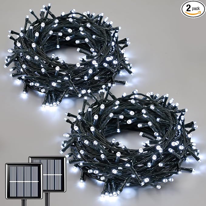 QITONG White Solar String Lights Outdoor Waterproof, 2 Pack Each 66ft 200 LED Solar Powered Christmas Lights, 8 Modes Green Wire Solar Fairy Lights for Outside - string light