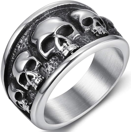 JUDE Retro Vintage Stainless Steel Gothic Death Skull Skeleton Cocktail Party Biker Statement Halloween Ring - skull ring