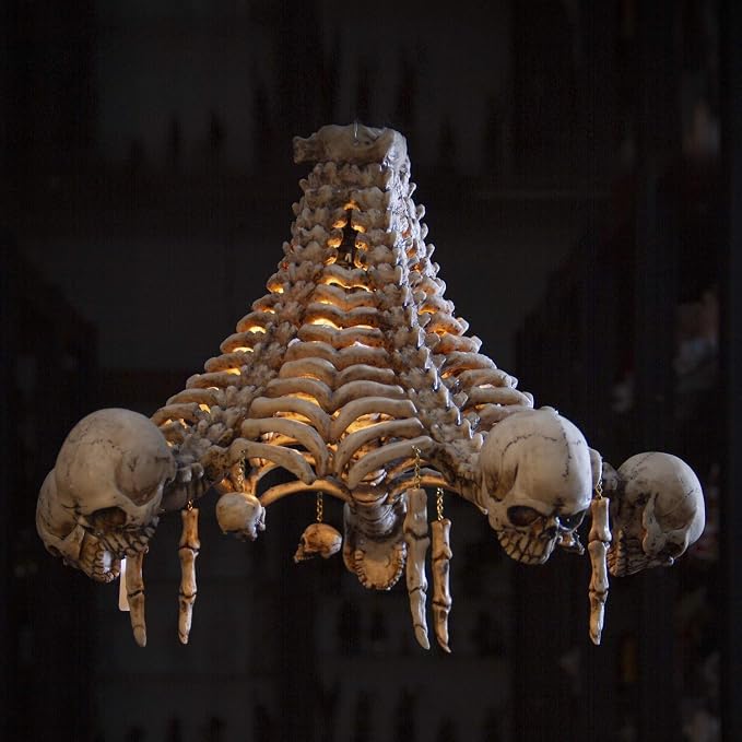 Ebros Gift Evil Resurrection Boneyard Ossuary Skulls Bones and Spines Pentagonal Ceiling Light Chandelier Lamp 20" High Macabre Death Skeletons Home Accent Halloween Decor - skull lamp