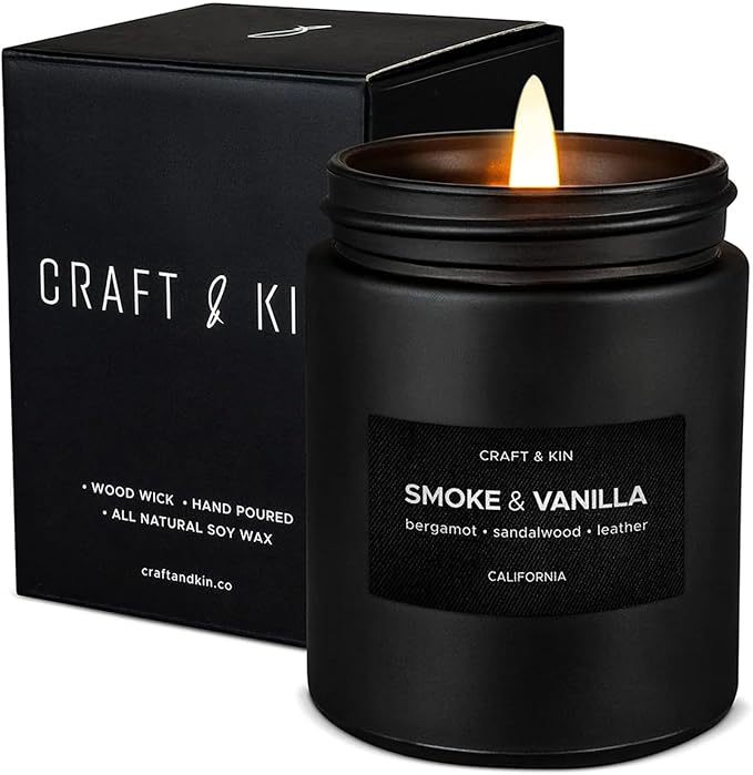 Craft & Kin Premium Smoke & Vanilla Scented Candle – Long Lasting, 45 Hour Burn Time – Luxury Black Natural Soy Scented Candle for Men with Wood Wick – Room Decor and Aromatherapy – 7.6 oz - skull candle