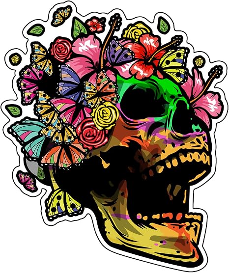 WickedGoodz Butterfly Skull Vinyl Decal - Flower Skull Bumper Sticker - for Laptops Tumblers Windows Cars Trucks Walls - skull sticker