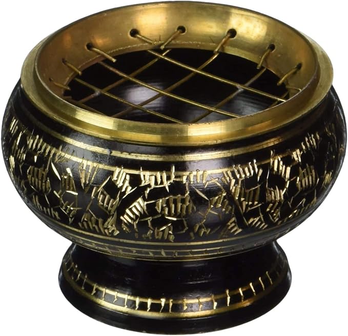 Small Decorated Brass Charcoal Screen Incense Burner With Wooden Coaster (Black) - skull incense burner