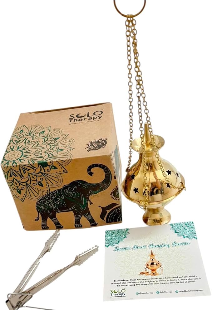Brass Burning Hanging Censer, Charcoal Incense Burner with Charcoal Tong- Censer Incense Burner, Censer Incense Burner with Chains 7" High and 3.5" Diameter (Incense Burner) - skull incense burner