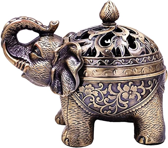 Hourwof Metal Elephant Incense Holder,Vintage Cone Coil Incense Burner with Lid,Ash Catcher,Aromatherapy Ornament Home Office Decor,Bronze - skull incense burner