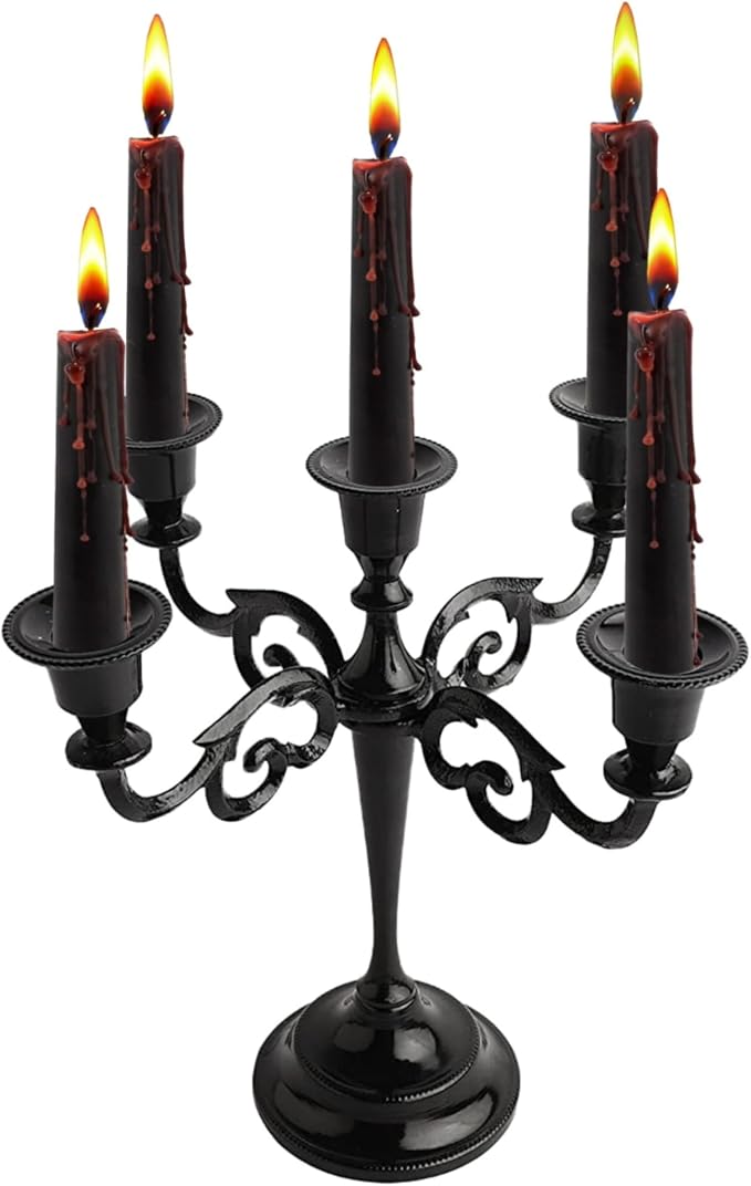 Rely+ 5-Arm Metal Candelabra Candle Holder Table Centerpiece, Black Glossy - skull candle