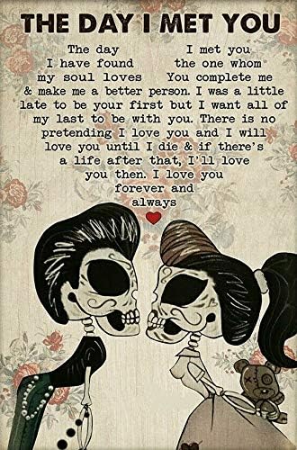 The Day I Met You Sugar Skull Couple Wall Decor Valentine Metal Sign 12"x8" - skull wall art