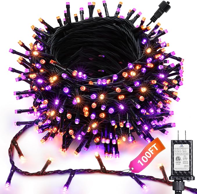 Joomer Orange Purple Halloween Lights, 100FT 300LED Plug-in String Lights - string light