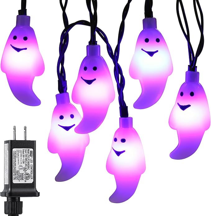 60 LED Halloween String Lights - 20ft Purple Ghost String Light Plug in with Timer, 8 Modes, Extendable, Waterproof - Spooky Decor for Outdoor Garden Yard House Bedroom Holiday Party Decorations - string light