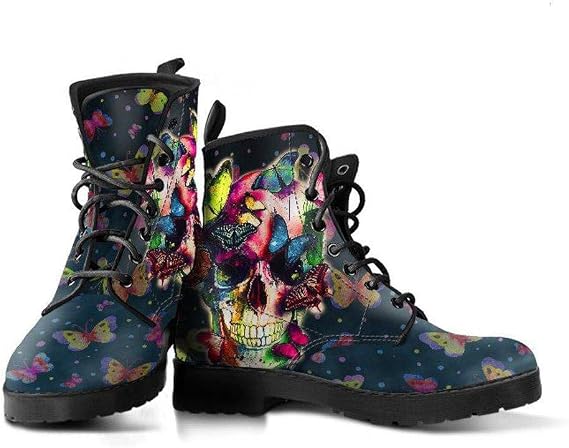 Butterfly Skull Memory Foam Boots | All Season Lace Up Boots | Vegan Leather Combat Boot - sugar skull costume