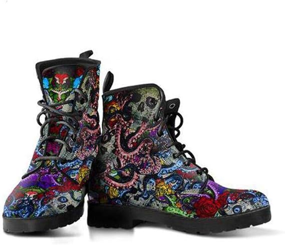 Deep Sea Octopus Skulls Memory Foam Boots | All Season Lace Up Boots | Vegan Leather Combat Boot - sugar skull costume