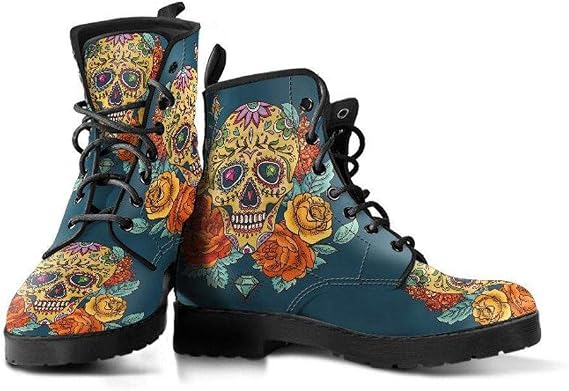 Desert Sunset Sugar Skull Memory Foam Boots | All Season Lace Up Boots | Vegan Leather Combat Boot - sugar skull boots