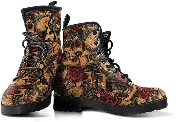 Earthy Roses and Skulls Memory Foam Boots | All Season Lace Up Boots | Vegan Leather Combat Boot - sugar skull costume