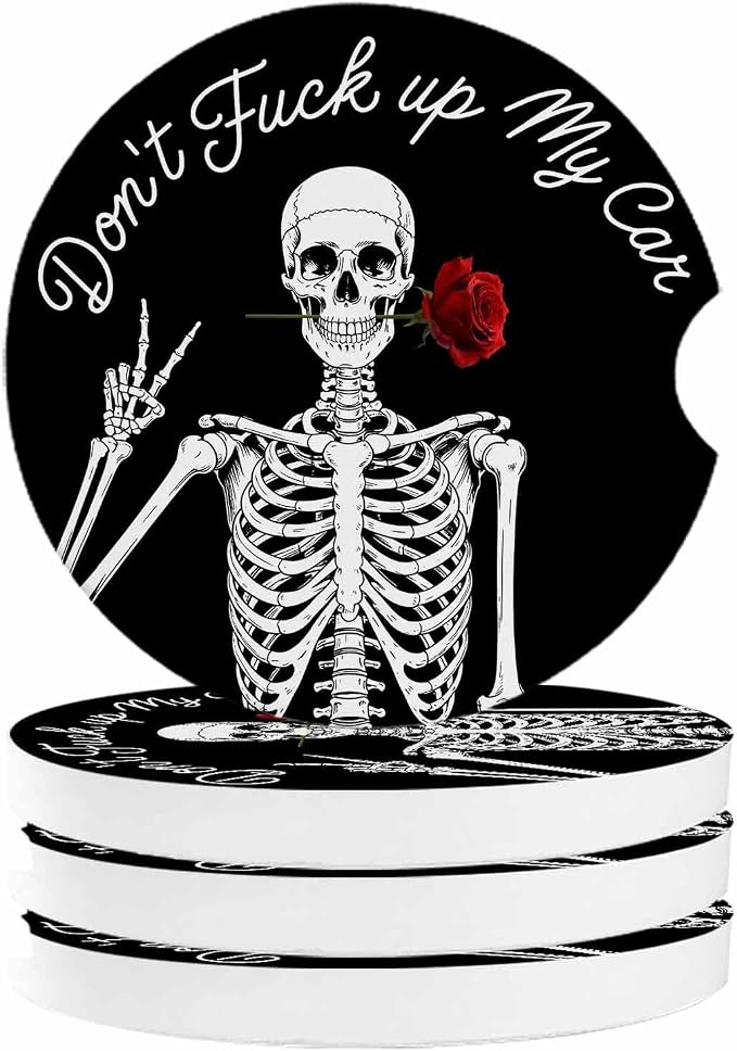 Funny Skull Cup Holders Car Coasters for Women/Men - 4 Pack Absorbent Ceramic Stone Drinks Automotive Cup Holders Coaster Set, Red Rose - skull coaster
