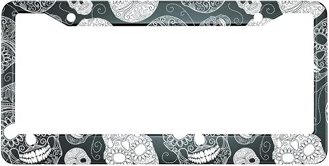 HOSNYE Black and White Sugar Skull License Plate Frame Day of the Dead Cartoon Indian Style Metal License Plate Cover Front Plates Frames Car Tag Frame for Women Men US Vehicles Standard - sugar skull ornament